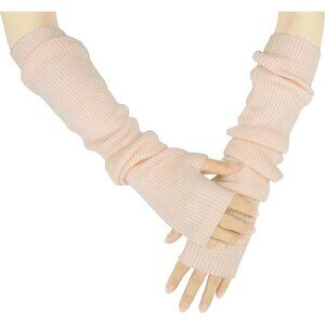 Women's Beige Soft Cozy Arm Warmers Fingerless Knitted Long Gloves Winter